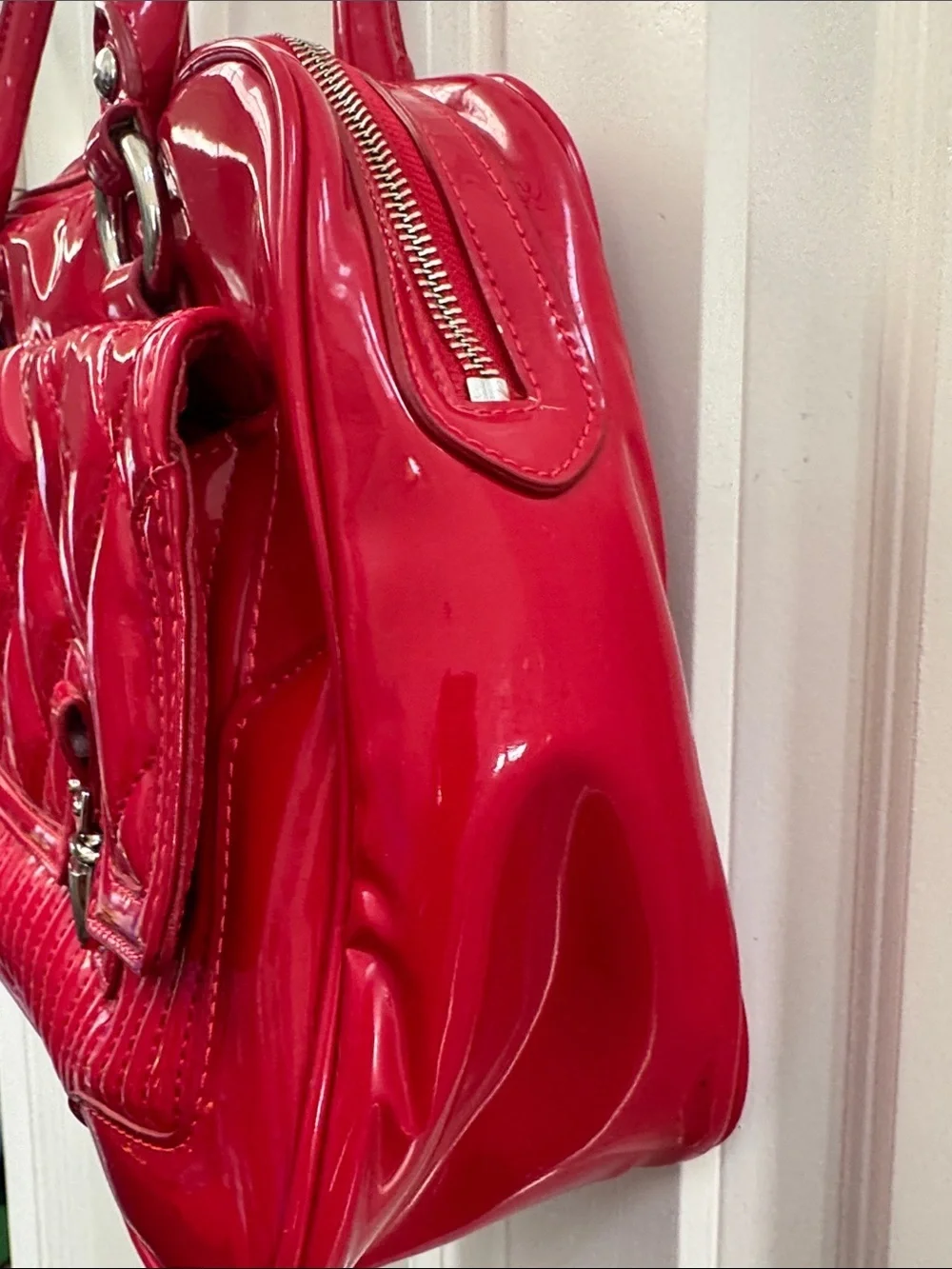 Coach Poppy Quilted Patent Red Satchel with Silver Hardware
